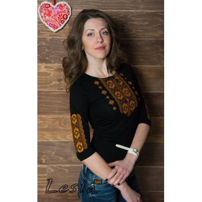 Embroidered t-shirt with 3/4 sleeves "Gutsul Ornament" orange on black